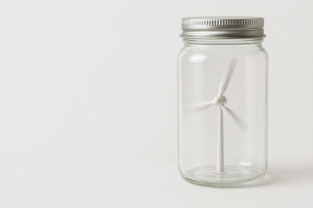 A miniature wind turbine inside a glass jar. Space for textの素材