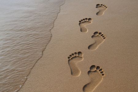 Footprints of bare feet on the wet sand near the surf line. Space for textの素材