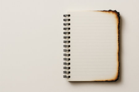 A burnt notebook with lines on a light background. Space for textの素材
