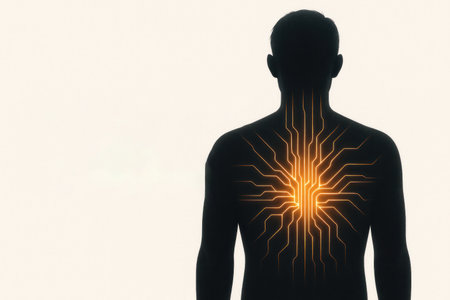 Silhouette of a man with technological luminous lines in his chest. Space for textの素材