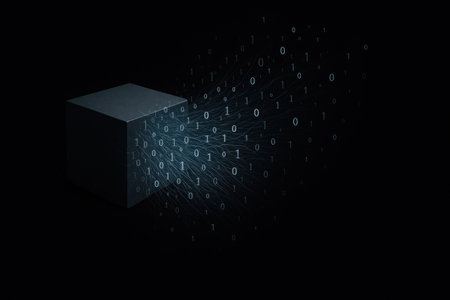 A dark cube from which a stream of digital data flies out. Space for textの素材