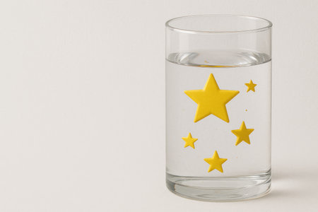 A glass glass with water and floating yellow stars. Space for textの素材