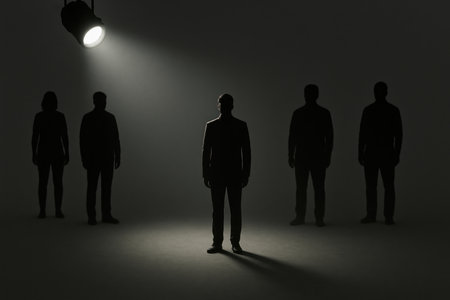 Silhouette of a man under a bright spotlight on a dark stageの素材