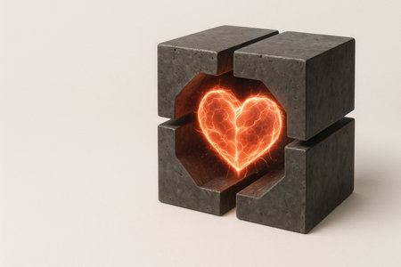 A glowing heart core inside a massive metal block. Space for textの素材