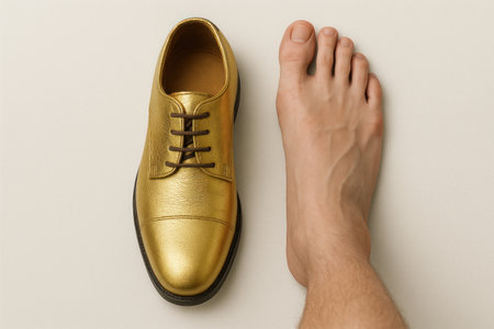 A golden shoe next to a man's bare footの素材