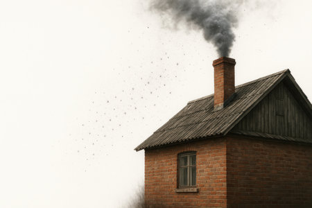 A brick house with thick black smoke from the chimney. Space for textの素材