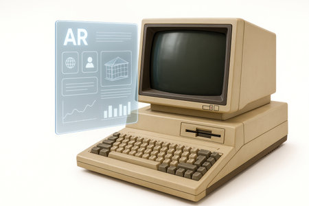 An old computer with a holographic AR interfaceの素材