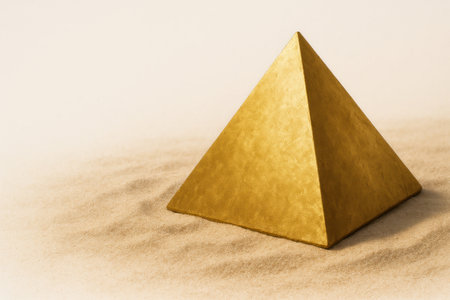 A golden pyramid on the sand under a soft light. Space for textの素材