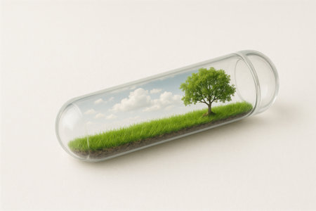 Wood and grass inside a transparent flask. Space for textの素材