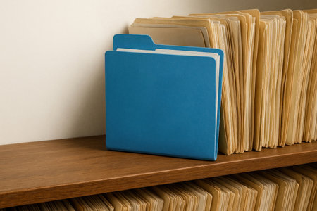 A blue folder among old paper documents. Space for textの素材
