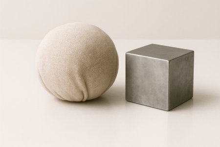 A cloth sphere and a metal cube next to each other on a light background. Space for textの素材
