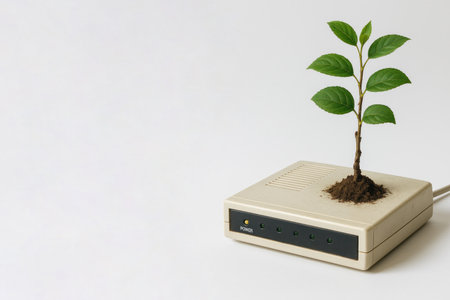 A small plant growing from an old modem. Space for textの素材