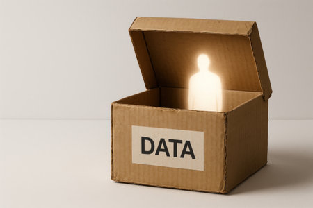 A cardboard box with the inscription DATA and a luminous figure inside. Space for textの素材