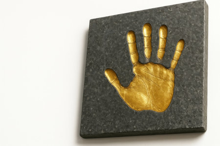 A golden palm print on a dark stone slab. Space for textの素材