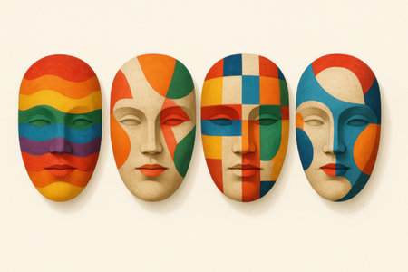 Four decorative masks with bright abstract geometric patterns. Space for textの素材