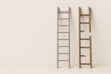 Two staircases, a new metal one and an old broken wooden one nearby. Space for textの素材