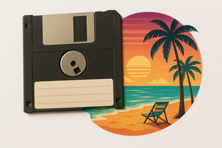 A floppy disk that partially reveals the beach landscapeの素材