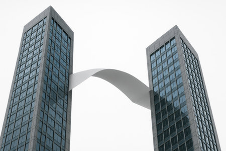Two high-rise buildings connected by a curved white ribbon to each otherの素材