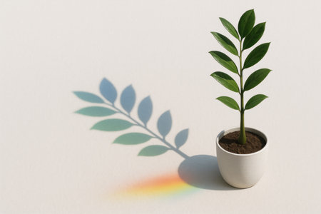 A small plant in a pot with a rainbow shadow. Space for textの素材