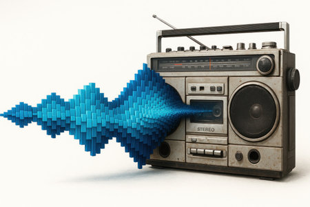 An old radio that emits a surround wave of sound. Space for textの素材
