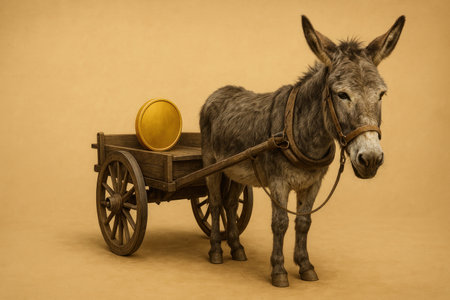 A donkey in a cart with a gold coin is a symbol of labor and wealthの素材