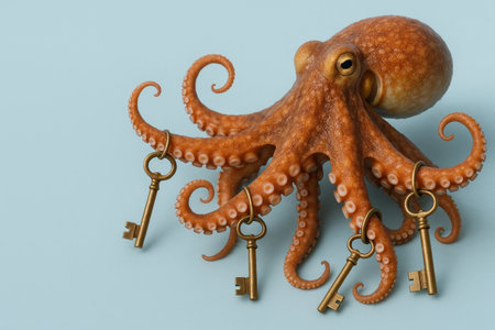 Octopus with golden keys on its tentacles. Space for textの素材