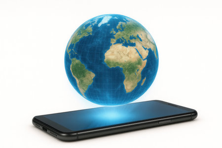 Planet Earth hovers above the smartphone, a symbol of the connection of the worldの素材