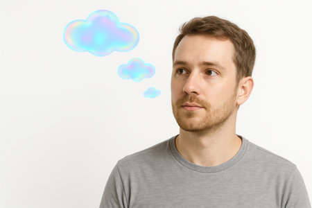 A man with clouds of thoughts above his head. Space for textの素材