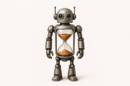 A metal robot with an hourglass inside. Space for textの素材