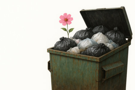 A pink flower grows from a dumpster with bags. Space for textの素材