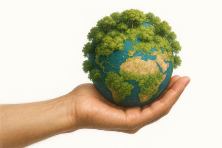 The hand holds a miniature earth with trees and a green coverの素材
