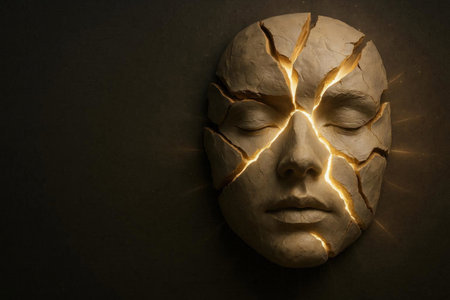 A cracked mask with a shining light inside. Space for textの素材
