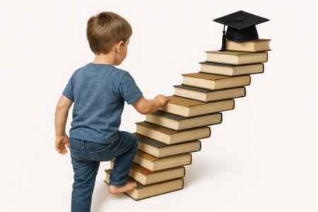 A little boy climbs the stairs from the books to the academic cap. Space for textの素材