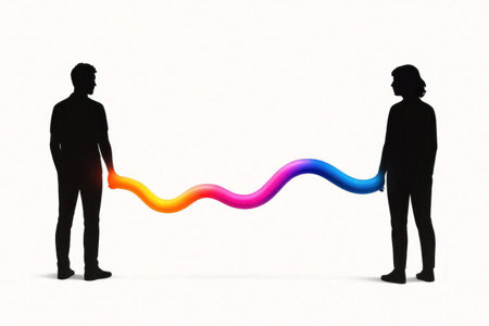 Two silhouettes of people are connected by a wavy colored line between them. Space for textの素材