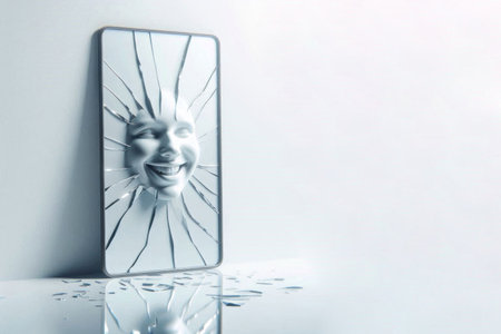 A cracked screen with a protruding three-dimensional face. Space for textの素材