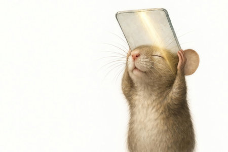 The mouse holds a glass plate through which a beam of light passes. Space for textの素材