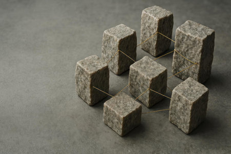 Stone blocks connected by thin gold threads. Space for textの素材