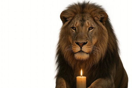 A lion with a lit candle in front of him on a white background. Space for textの素材