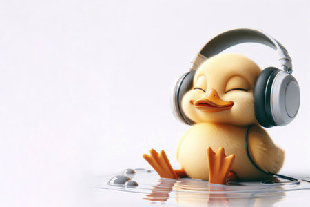 A cheerful duckling in headphones enjoys music in the water. Space for textの素材
