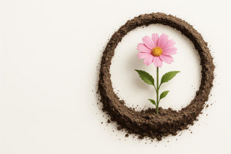 A pink flower growing inside a circular frame of earth. Space for textの素材