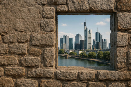 A modern city seen through a stone window. Space for textの素材