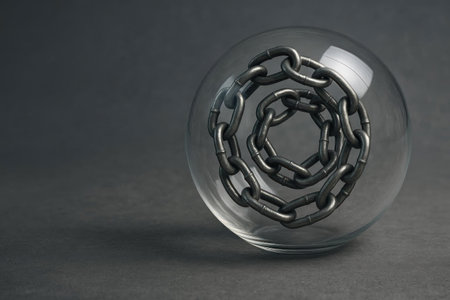 Metal chains enclosed inside a glass ball. Space for textの素材