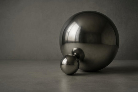 Large metal spheres on a gray minimalist background. Space for textの素材