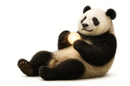 Panda holding a glowing ball on a white background. Space for textの素材