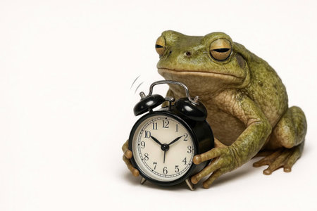 A frog holds an alarm clock in its paws on a white background. Space for textの素材