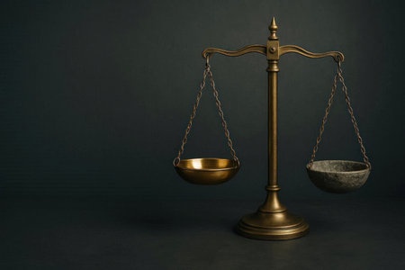 An old scale with two bowls on a dark background. Space for textの素材