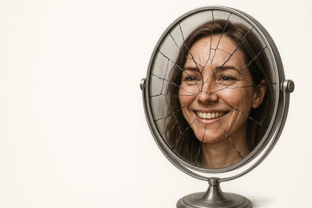 A woman smiles in a cracked mirror. Space for textの素材