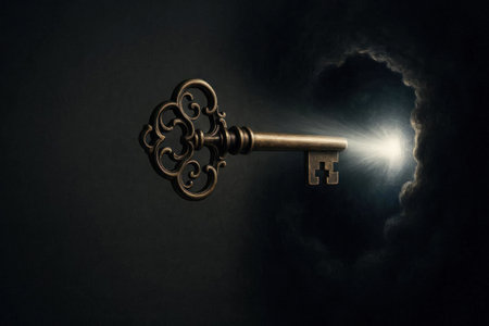 An antique key that opens a bright light in a dark space. Space for textの素材