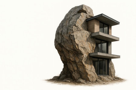 A modern house built into a huge rock. Space for textの素材