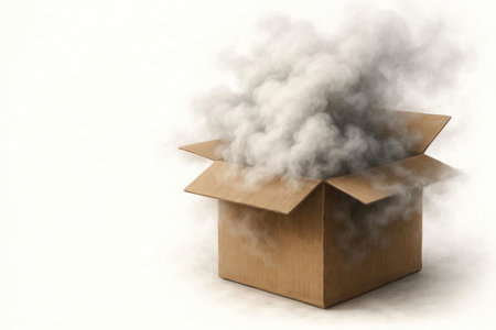 A cardboard box from which thick smoke rises. Space for textの素材